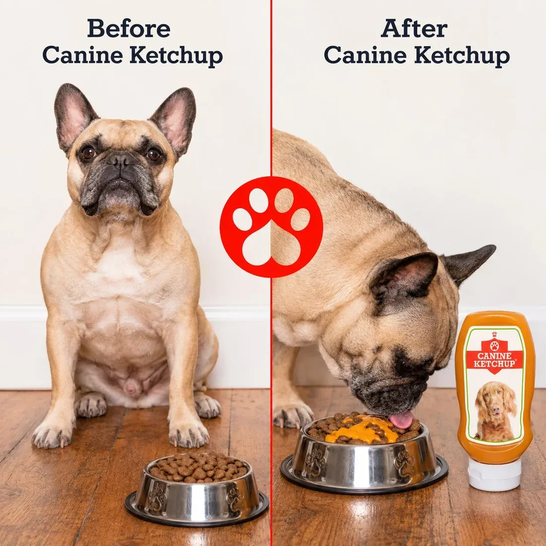 Before and after Canine Ketchup: a French bulldog ignores a plain bowl of kibble, then eagerly eats the same kibble topped with Canine Ketchup