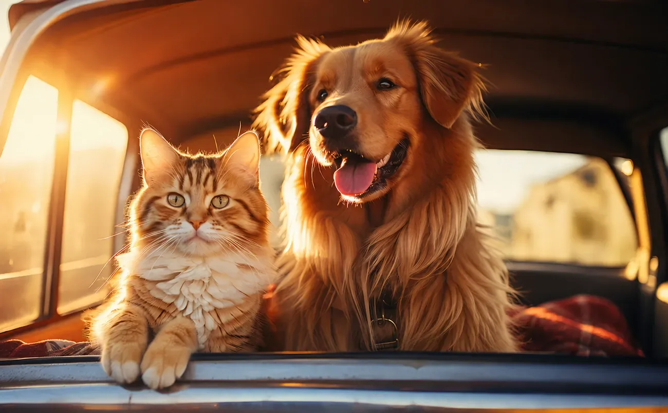 A ginger cat and a golden retriever side by side in a car, lit by warm evening sun
