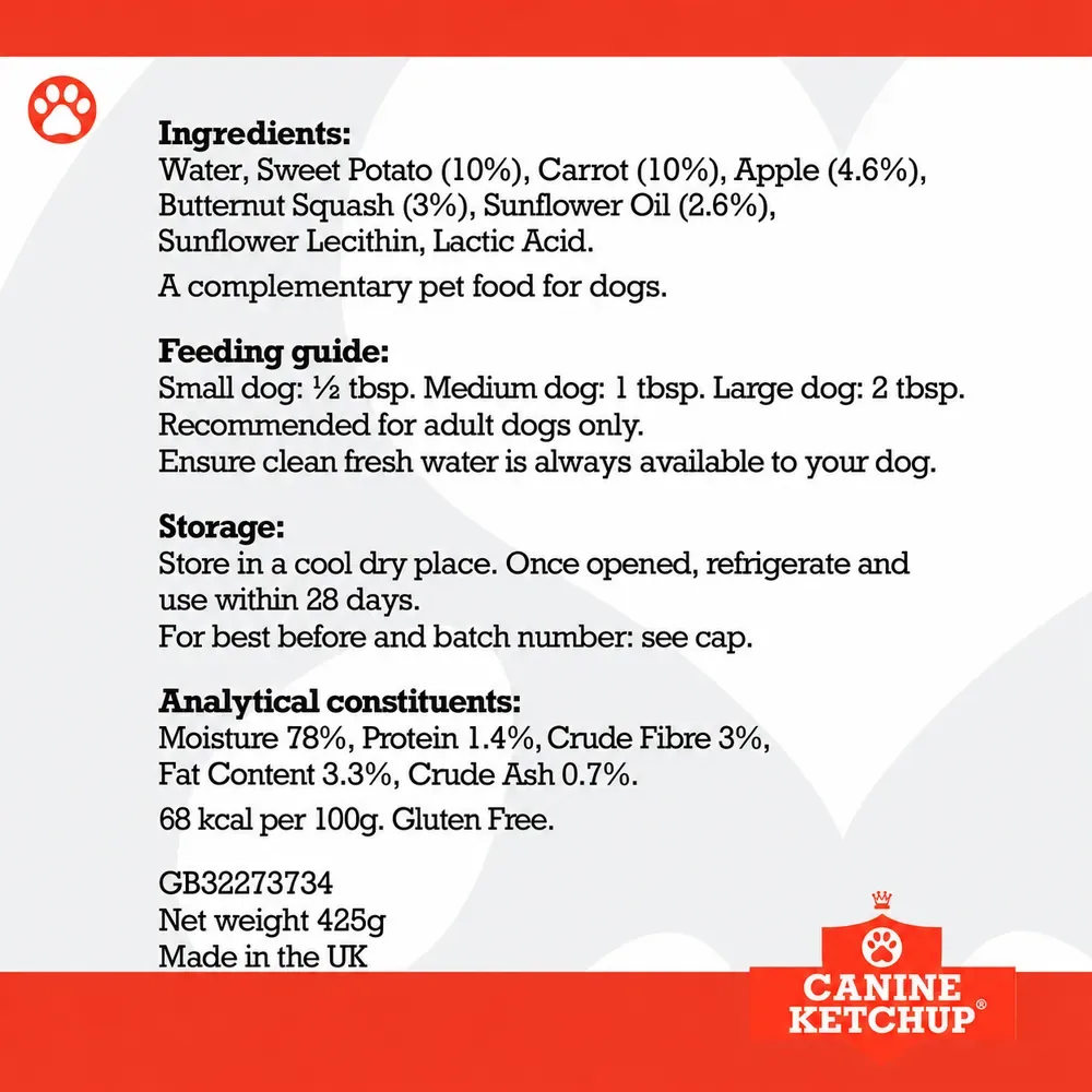 Canine Ketchup label: ingredients, feeding guide, storage and analytical constituents
